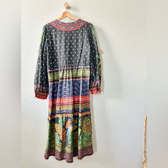 Farm Rio Forest Tapestry Split-Neck Midi Dress Size Large Beaded Tassels - Picture 6 of 8